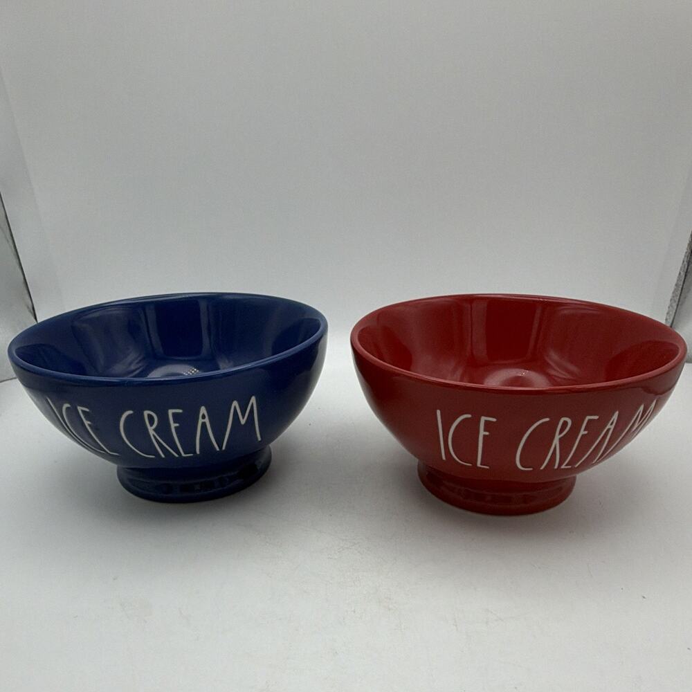 Rae Dunn Artisan Collection ICE CREAM Ceramic Bowl Set 2pc Red Blue MW/DS Safe